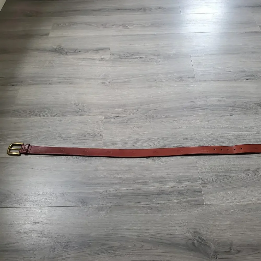 Tommy Bahama Belt Mens 32 Brown Leather Marlin Brass Buckle Genuine Top Grain